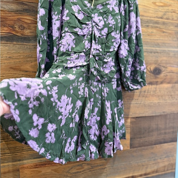 Easel Green and Purple Ruched Flirty Floral Dress - Picture 2 of 6